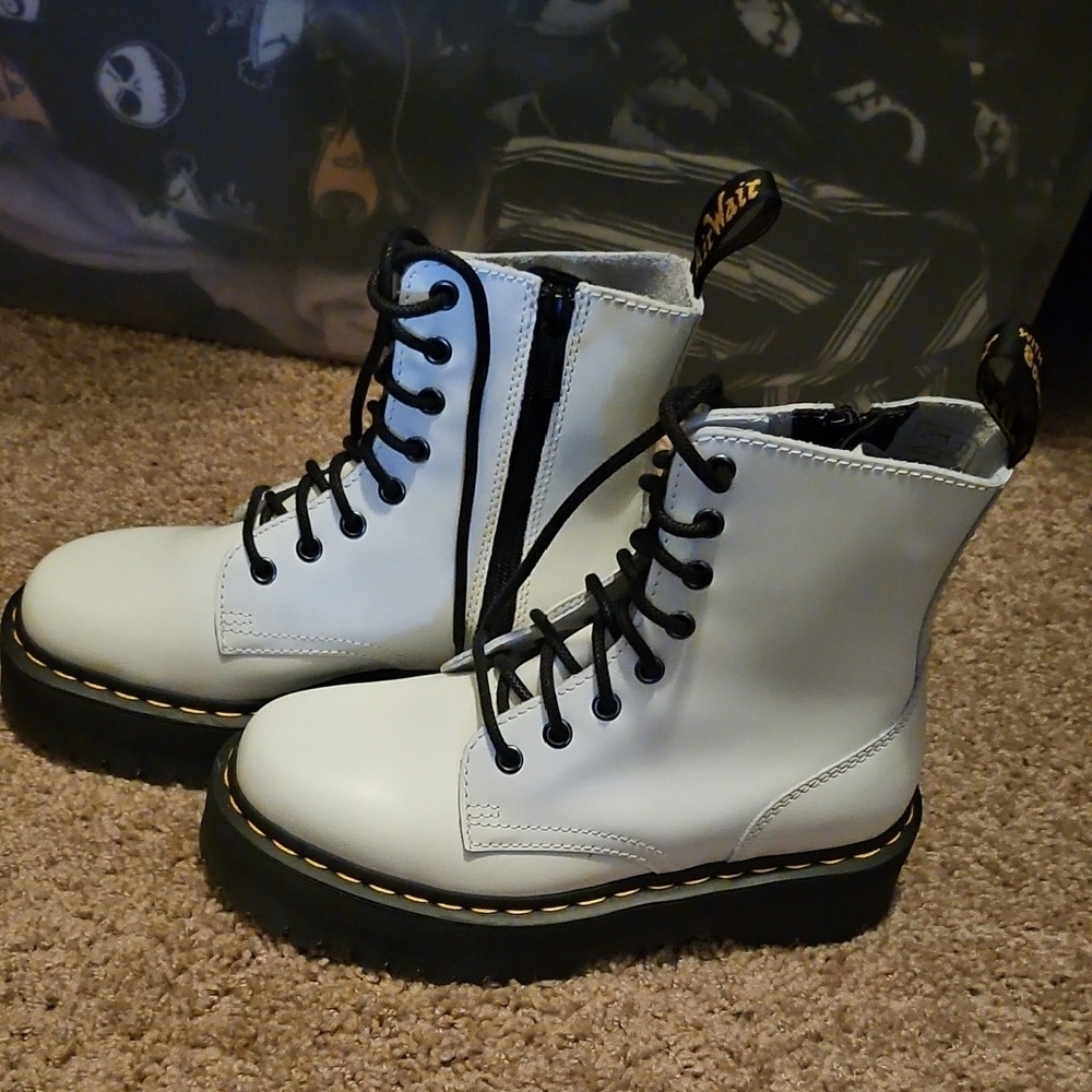 Dr. Martens White and Black Platform Combat Boots - Picture 2 of 3